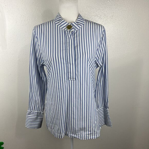 H&M Blouse Women 14 Blue White Vertical Striped Henley Long Sleeve Casual Top - Picture 14 of 14